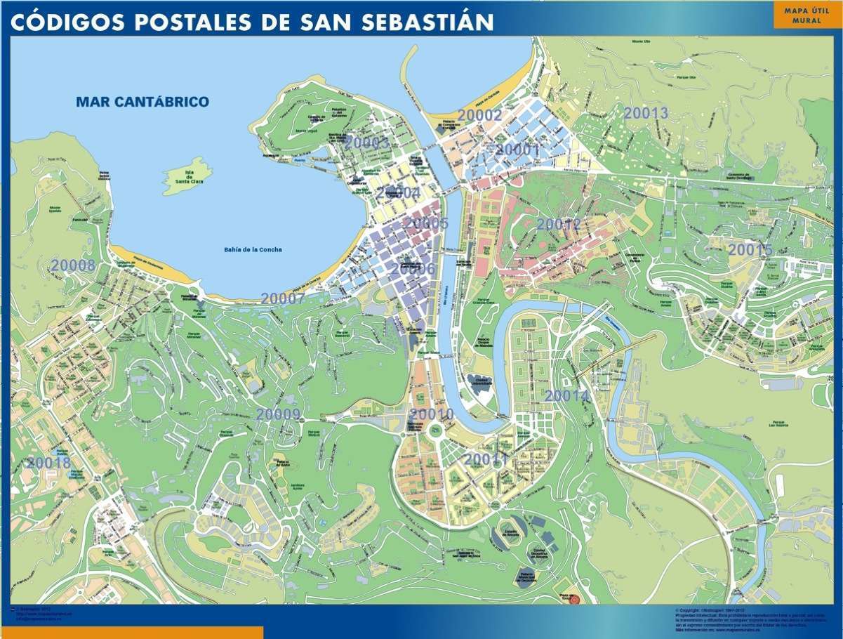 Mapa grande de San Sebastián con códigos postales